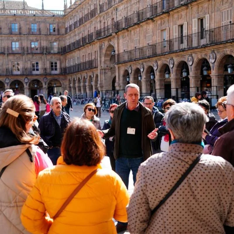 Mark presenta la visita a los asistentes en la Plaza Mayor. LAYA